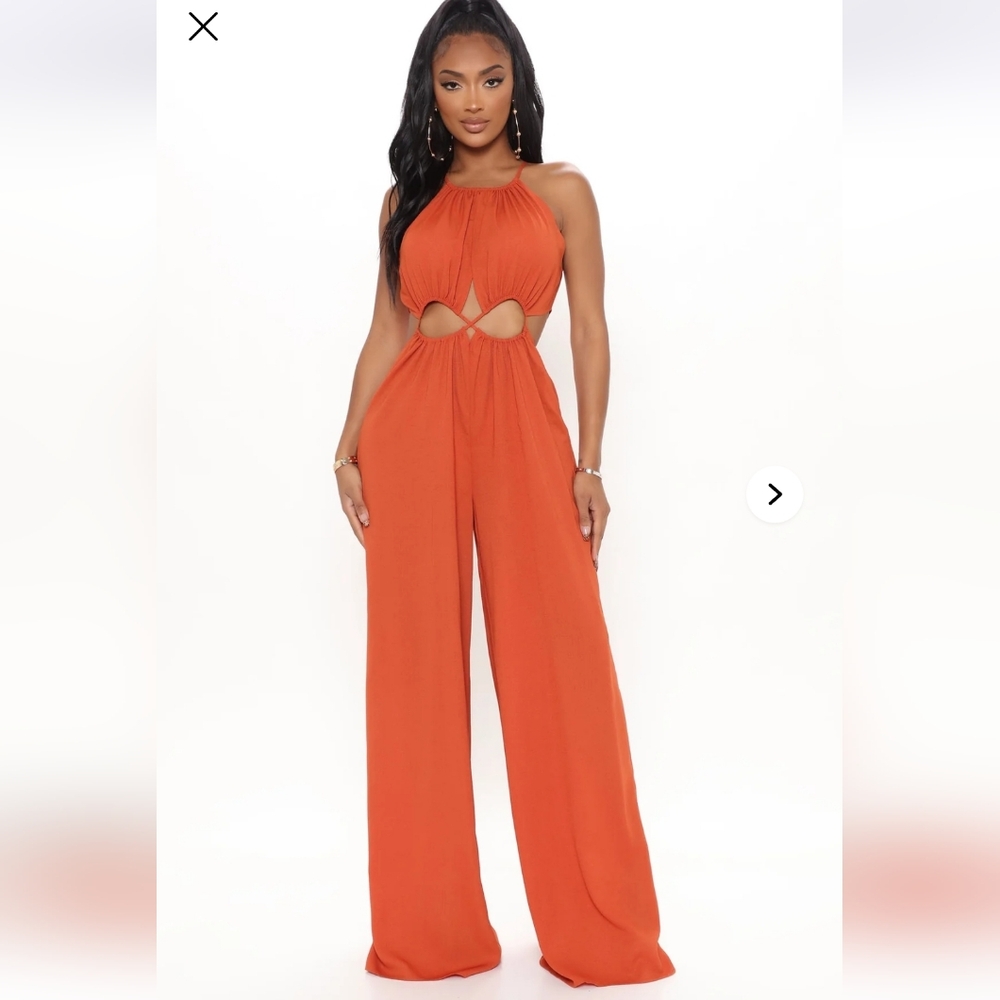 Fashion Nova Halter Cutout Wide-Leg Jumpsuit in Orange